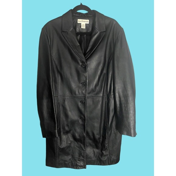 Modern Essentials Women’s Trench Coat Black Leather Jacket Pockets Collared XL - Picture 1 of 8